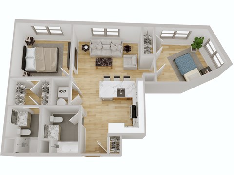 A 3D floor plan of a house with a living room, kitchen, dining room, and bedrooms.